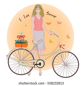 Summer girl bike and basket of flowers