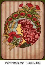Summer girl card in art nouveau style, vector illustration