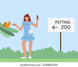Summer girl cartoony character in petting zoo feeds squirrel with nuts.Flat hand-drawn woman is enjoying communication with animal.Caring about nature concept,cheerful frandly female in good mood.