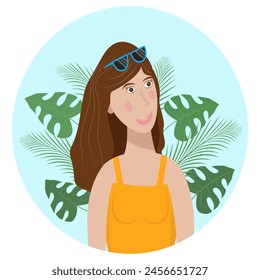 Summer girl character, on a background of tropical plants, vector flat illustration