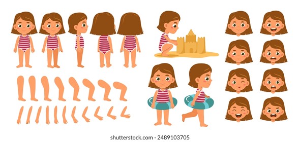 Conjunto constructor de chica de verano. Niño jugando en la playa de arena. Niño en diferentes poses y ángulo de visión. Piernas, brazos y cabezas para crear animación. Ocio en el país tropical. Colección de Vector plano