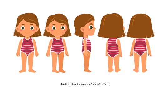 Summer girl constructor set. Kid in tropical country. Pack of characters in different viewing angles. Design elements for creating animations. Schoolgirl in red swimsuit. Flat vector collection