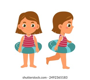 Summer girl constructor set. Kid in blue lifebuoy. Pack of characters in different viewing angles. Design elements for creating animations. Child in red swimsuit. Flat vector collection