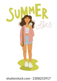 Summer girl with cup. Cute vector illustration of happy young woman relaxing outside. Summer vibes