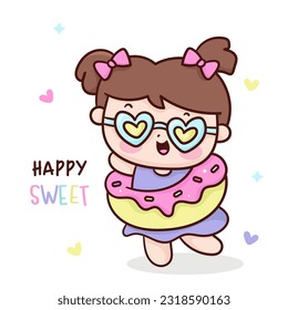 Summer girl donut ring rubber (kids fun). Series: Kawaii vector beach time isolated on white background (Character cartoon) cute Holiday activities. Perfect make a wish for baby t shirt fairy tale.