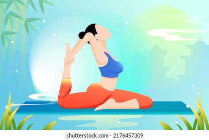 Summer girl fitness to lose weight, yoga workout, instructor live jumping gymnastics, , vector illustration