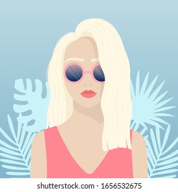 Summer girl flat poster concept. Young blonde woman in the pink sunglasses on the summer tropic leaves background. Woman on vacation. Simplified flat vector illustration EPS 10