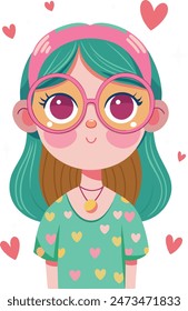 summer girl with glasses hearts. Vector illustration