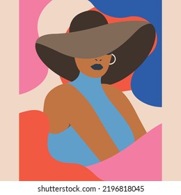 Summer Girl with Hat color abstract shapes. silhouettes on retro summer background. Template for postcard, poster, banner, print for t-shirt, label, patch.