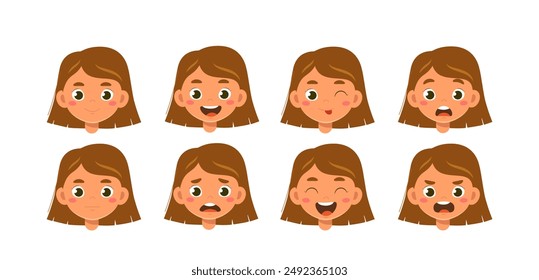 Summer girl heads set. Kid with different emotions. Pack of characters with various feelings. Design elements for creating animations. Child in various mood. Flat vector collection