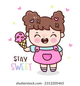 Summer girl holding ice cream  (kids fun). Series: Kawaii vector beach time isolated on white background (Character cartoon) Holiday activities. Perfect make a wish for baby t shirt fairy tale book.