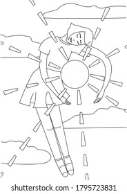 Summer girl. Girl hugging the sun in the clouds. Coloring page. Illustration for coloring book. Vector.