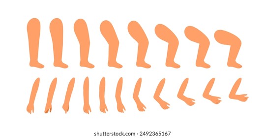 Summer girl legs and arms set. Feet and hands. Pack of legs in arms. Design elements for creating animations. Holiday and vacation. Schoolgirl construction. Flat vector collection