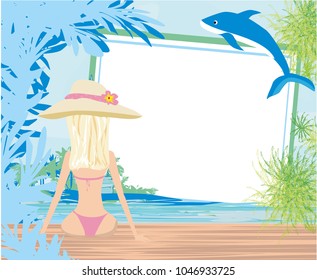 Summer girl on the background of sea and palm trees