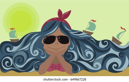 summer girl on the beach with sea waves instead of hair