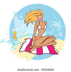 Summer girl on beach. Vector illustration Isolated