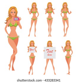 Summer girl poses set. Part 3. Vector collection of sexy cartoon girl character with various emotions, hands and feet positions. Nice blonde woman in a green bikini swimsuit.