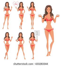 Summer girl poses set. Part 1. Vector collection of sexy cartoon girl character with various emotions, hands and feet positions. Nice brunette woman in a red swimsuit bikini.