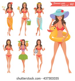 Summer girl poses set. Part 5. Vector collection of sexy cartoon girl character with various emotions, hands and feet positions. Nice brunette woman in a red swimsuit bikini. 