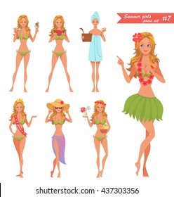 Summer girl poses set. Part 7. Vector collection of sexy cartoon girl character with various emotions, hands and feet positions. Nice blonde woman in a green bikini swimsuit.