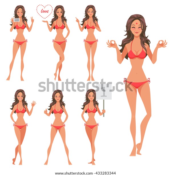 夏の女の子のポーズセット 第1部 さまざまな感情 手 足の位置を持つセクシーな漫画の女の子キャラクターのベクター画像コレクション 赤い水着のビキニの素敵なブルネットの女性 のベクター画像素材 ロイヤリティフリー