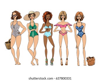 Summer girl poses set. Vector collection of sexy cartoon girl with trendy fashion swimsuits with various hands and feet positions. Nice blonde and brunette redhead woman on white background.