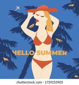 Summer Girl poster. Vector illustration. Vacation poster with lettering.