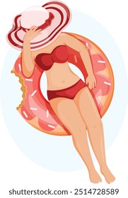 Summer Girl in Red Swimsuit and Hat on Donut Float Top View 