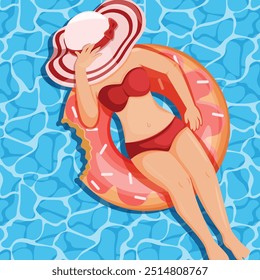 Summer Girl in Red Swimsuit and Hat Floating in Pool on a Donut Float Top View Vector Art 