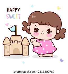 Summer girl and sand castle (kids fun). Series: Kawaii vector beach time isolated on white background (Character cartoon) cute Holiday activities. Perfect make a wish for baby t shirt fairy tale book.