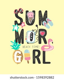 summer girl slogan with cute summer icons illustration