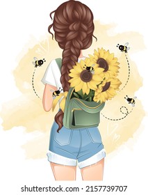 summer girl with sunflowers in backpack with bees around