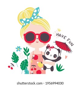 Summer girl in sunglasses with panda