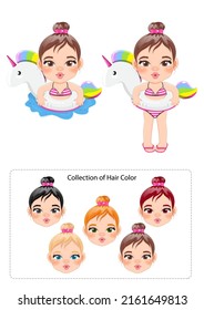 Summer girl in unicorn Inflatable ring cartoon vector
