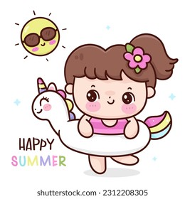 Summer girl with unicorn rubber ring (kids fun). Series: Kawaii vector beach time isolated on white background (Character cartoon) cute Holiday activities. Perfect make a wish for baby t shirt fairy.