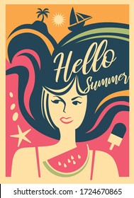 Summer girl web banner with beautiful woman on the beach. Vacation and relaxation theme.