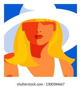 Summer girl. Young woman with blonde hair, in big white hat and sunglasses. Close-up portrait. Vector illustration