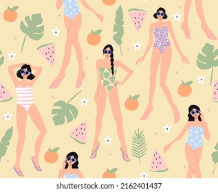 Summer girls beach seamless pattern. Background with girls, citrus fruit, and watermelon.