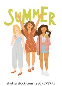 Summer girls. Cute vector illustration of happy young women relaxing outside
