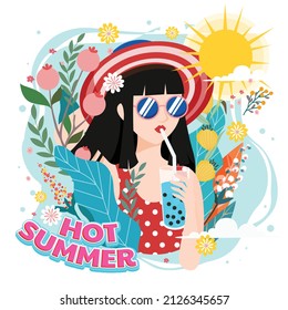 Summer with Girls Enjoying Drinking Ice Vector, Little Girl Drinking Clean Water, Milk or Juice. Summer Refreshment, Body Hydration, Beverage. Cartoon People Vector Illustration