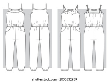 Summer girls jumpsuit with long pants. Set of technical sketches.