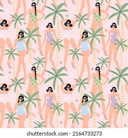 Summer girls and palm trees seamless pattern. Tropical holiday on the beach background.