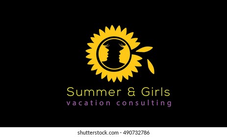 Summer girls vector logo design template.Sun flower frame. 

