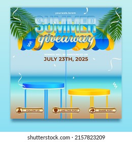 Summer giveaway banner template with product display between umbrella on beach background