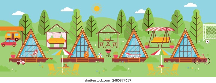 Summer glamping with beautiful cabins and infrastructure for leisure and chilling in nature. Luxury camping with lodges, relaxation areas, barbecue zone, sports activity and parking.