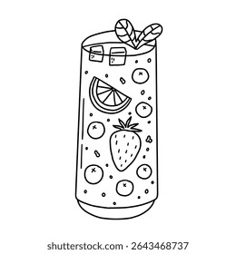 Summer glass drink cocktail berry. Cocktail fruit beverage juice for menu. Doodle sketch vector illustration