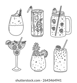 Summer glass drink cocktail collection. Cocktail fruit beverage juice for menu. Doodle sketch vector illustration