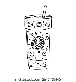 Summer glass drink cocktail kiwi. Cocktail fruit beverage juice for menu. Doodle sketch vector illustration