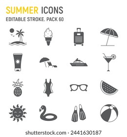 Summer glyph icon set, vacations collection, vector graphics, logo illustrations, summer tourism vector icons, travel signs, solid pictograms, editable stroke