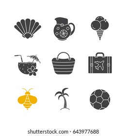 Summer glyph icons set. Silhouette symbols. Seashell, lemonade jug, ice cream, beach cocktail, bag, palm tree, suitcase, bee, soccer ball. Summer vacations. Vector isolated illustration
